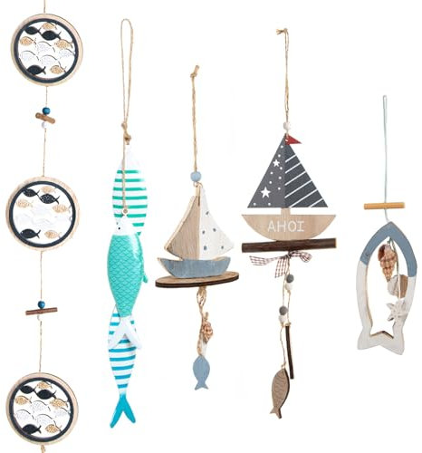 Logbuch-Verlag Anhänger Set 5 TLG. - Fische Anker Segelboot Leuchtturm AHOI aus Holz & Metall - Maritime Deko zum Aufhängen