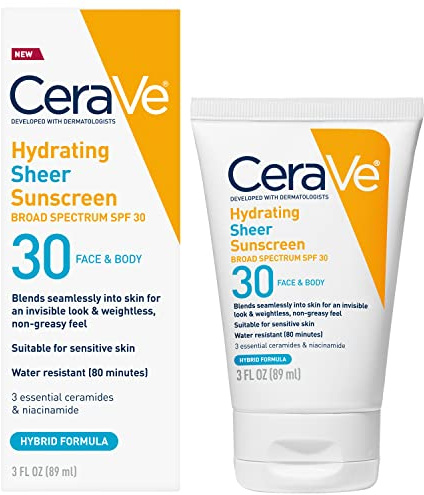 CeraVe Hydrating Sheer Sunscreen with SPF 30 for Face and Body, Mineral & Chemical Sunscreen for Men & Women with Zinc Oxide, Hyaluronic Acid and Ceramides, Paraben-Free + Fragrance-Free, 3 Ounces