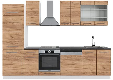 Vicco Küchenzeile Fame-Line, Goldkraft Eiche/Weiß, 300 cm ohne Arbeitsplatte, passend für Flexible Küchenplanung und modulare Erweiterung