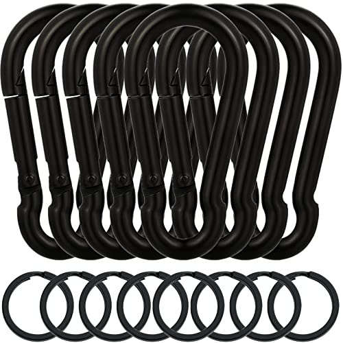 EGGMARCH 8 Stück schwarze Karabinerhaken mit 8 Schlüsselringen, robuste Federkarabinerhaken, verzinkter Stahl, Karabinerhaken, Verbindungshaken für Camping, Angeln, Schaukel, Hundeleine (6 cm)