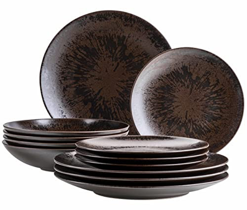 MÄSER Servizio da tavola in bronzo metallizzato, 12 pezzi, per 4 persone, con elegante smalto lucido, set di piatti con piatti piani, piatti fondi e piatti da dessert in ceramica di alta qualità,