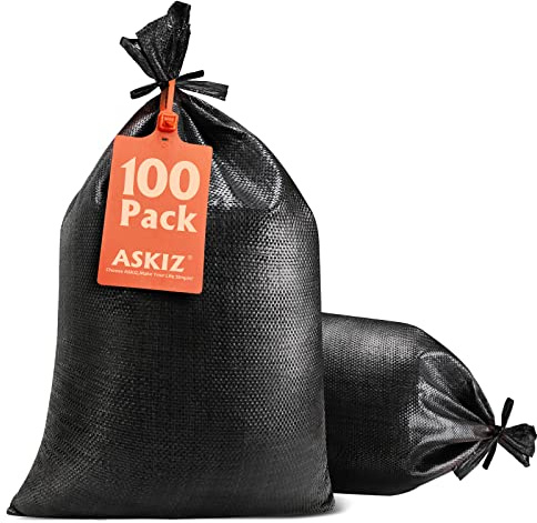 ASKIZ Kraftiga sandsäckar, tomma vävda sandsäckar med knytband med 1 600 timmar UV-skydd polypropylen sandväskor – 40 x 64 cm ultraståliga sandsäckar för översvämning (svart 100 väskor)