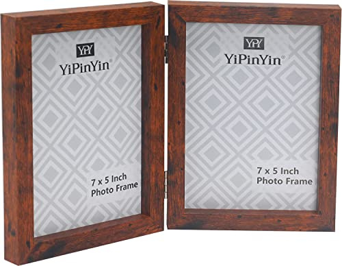 Hinged Double Photo Frame 7x5'',Rustic Wood Effect 5x7''Double Picture Frames,Twins Hinged 7x5'' Photo Frame with Glass,Rustic Photo Frame Holds 2 Standard Photos