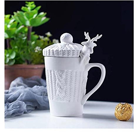 BOSUGE,Kaffeetassen Kaffeetasse Champagnerglas Geschenk Weißes Porzellan Weihnachten 3D Elch Amimal Paare Kaffeemilchbecher mit Deckel Keramik Kreative Niedliche Hirsche Frühstückstasse Trinkgeschirr