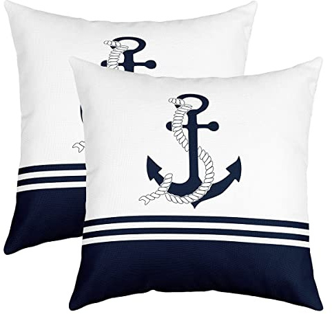 Anker Dekor Kissenbezüge 40x40cm 2er Set Kissenbezüge Weich Nautische Thema Dekorative Sofakissen Couchkissen für Ozean Küsten Kissenbezug Kissenhülle Meer Adventure Marine Blau Weiß Dekokissens