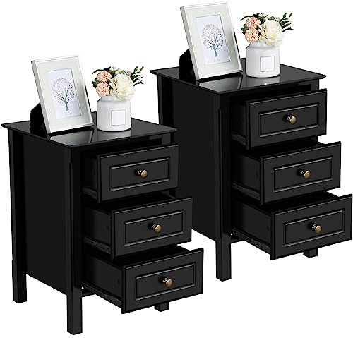 Yaheetech Bedside Table Set of 2, Bedside Cabinet with 3 Drawers, Black | E1 Spray-Painted MDF, Full Panel Construction, 40 × 40 × 60 cm Each, Coordinated Pair with Wide Easy-Care Tops
