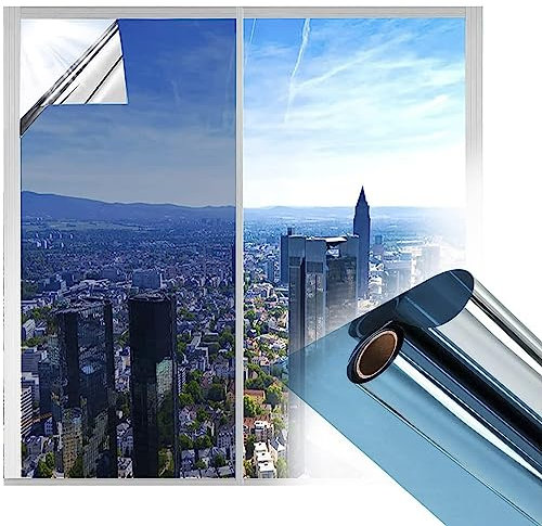 PJDDP Spiegelfolie Fenster Sichtschutz 99% UV-Schutz Sonnenschutzfolie Fenster Innen,Selbstklebend Verspiegelte Wärmeisolierung Verdunkelungsfolie,Blau-Silber,40CMX6M/15.7INX19.6FT