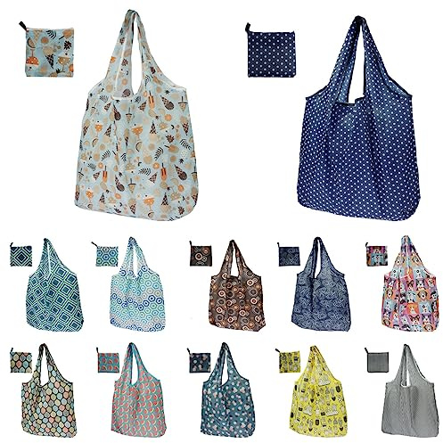 12Pcs Reusable Grocery Shopping Bags Large Capacity Groceries Tote Bags Foldable Lightweight Polyester Storage Bag Foldable in a Pouch Eco Cloth Bags for Shopping Camping Travel