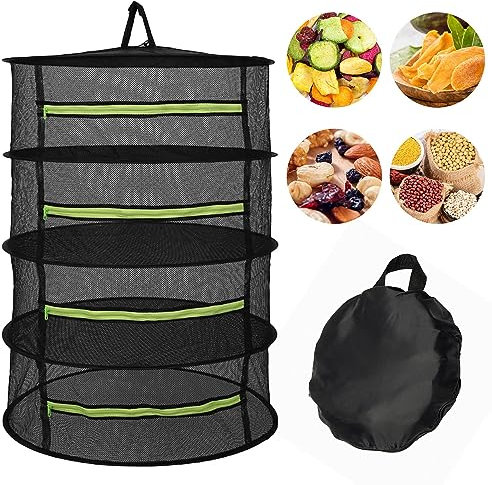 Rejilla para Secado de 4 Capas con Red de Malla para Colgar - Cremalleras para Plantas, Hierbas, Vegetales, Pescado y Ropa (Negro)