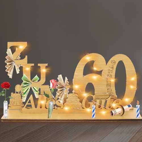 Johiux Geschenke zum 60 Geburtstag Frau Mann,Geldgeschenke Geburtstag 60 Alles Gute zum mit LED Lichterkette Ständer,Holz 60.Geburtstag Deko,Coole Geschenkideen zum 60. Geburtstag Tischdeko.