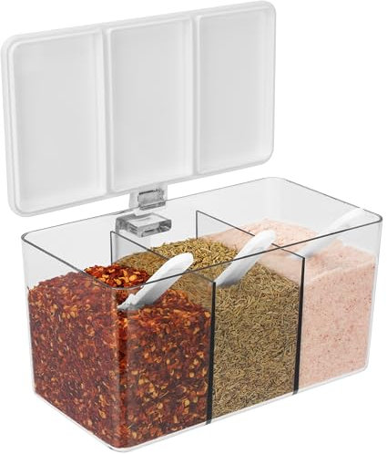 BELLE VOUS Barattolo per spezie con manico e coperchio - 500 ml Contenitore per Frutta e Spezie con Coperchio e Cucchiai - 3 Scomparti per Topping Pizza - Accessori da Cucina - Plastica Trasparente