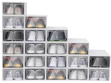 Begoniape Schuhboxen, 20er transparent-weiß Boxen Aufbewahrung, Herz-Löcher Faltbar Stapelbar Schuhkartons 33 * 23 * 14cm, Platzsparend Schuhkartons Schuhboxen Stapelbar für Damen, Herren, Kinder