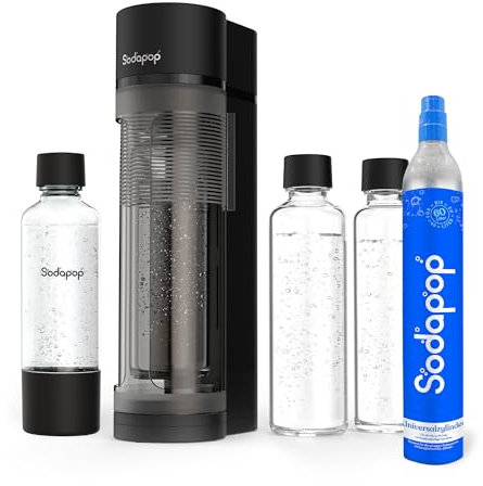 Sodapop Logan Kit de démarrage avec cylindre CO₂, 2 bouteilles en verre (850 et 600 ml) et 1 bouteille PET (850 ml), noir mat, hauteur 42,6 cm