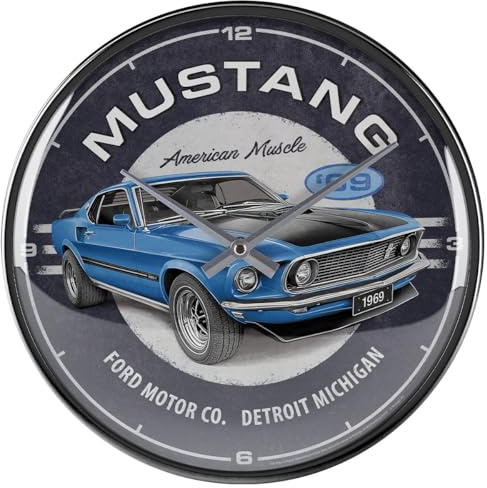 Nostalgic-Art Retro Wanduhr, Ø 31 cm, Ford Mustang – 1969 Mach 1 Blue – Geschenk-Idee für Ford-Zubehör Fans, Original Lizenzprodukt (OLP), Große Küchenuhr, Vintage Design | Original Ford Lizenzprodukt (OLP), analoge Küchenuhr, Vintage Design, Geschenk-Idee für Ford-Fans