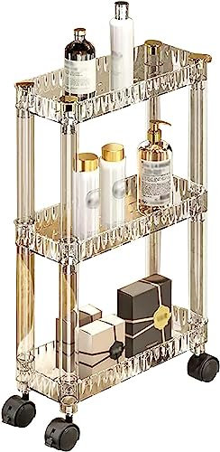 Armoire étroite sur pied Dans la Salle de bain Pour le Rangement du maquillage Avec roulettes, Chariot de Rangement à roulettes Mince, étagère Mobile à 3 niveaux, organisateur de Salle de ba