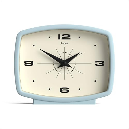 JONES CLOCKS® Film Schreibtischuhr | Retro-rechteckiges Design | Hellblau | Retro-Design, das mid-Century-Stil mit einem markanten modernen Finish für Regal, Tisch, kaminsims oder Bett verbindet