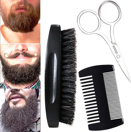 Hommes brosse à barbe et peigne à barbe set ciseaux kit de coupe, noyer noir naturel poil de porc, double action peigne en bois cadeau de Noël pour la coupe de la barbe et de la moutarde (noir)