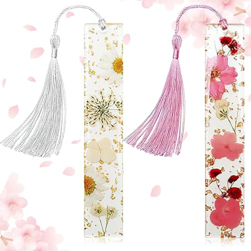 2 Stück Lesezeichen aus getrockneten Blumen mit Quaste, Lesezeichen aus klarem Harz mit Blumenmotiv, handgefertigtes süßes Lesezeichen, hübsches Geschenk für Leser, Lehrer, Schüler (Rosa + Weiß)