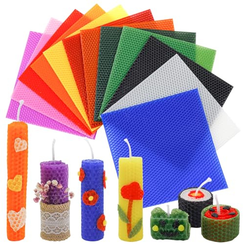 Bolosa Lot de 12 plaques de cire d'abeille, plaques de cire pour bougies, bougies de baptême, kit de fabrication de bougies, plaques de cire pour décoration de bougies, kit de peinture, pour adultes