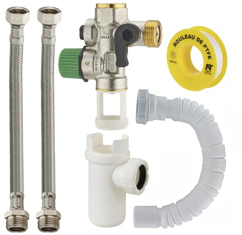 Kit raccordement Groupe de sécurité droit norme NF 20x27 (3/4) siège teflon anti-calcaire + siphon + flexibles d'alimentation + flexible évacuation + teflon chauffe eau/cumulus NOYON & THIEBAULT