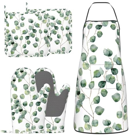 DYCBNESS Eucalyptus Oven Mitts and Pot Holders with Apron Set of 5 Green Leaves Plant Silicone Kitchen Mitts Apron Sage Green Eucalyptus Pot Holder Set Heat Resistant Oven Gloves Hot Holders for BBQ
