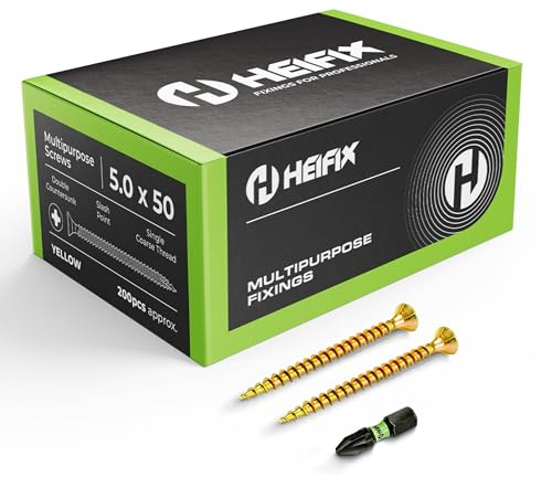 Heifix Multi-Purpose Wood Screws Pozi Double Countersunk - FREE Screw Bit Included (QTY 200, 5mm x 50mm)
