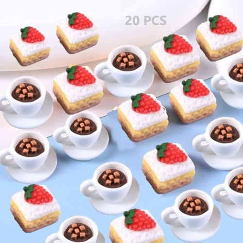 KARLOR Miniature Cake with Coffee, 20 Pcs Mini Dessert Coffee Cup DIY Accessories Resin Miniature Food Dollhouse Kitchen Decoration Accessories for Hand Art Crafts Cell Phone Case Hair Clips
