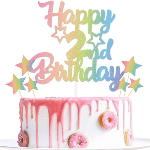 Gidobo Rainbow Birthday Cake Toppers - Pastel Star Pick Decorations for Two Years Old Celebration