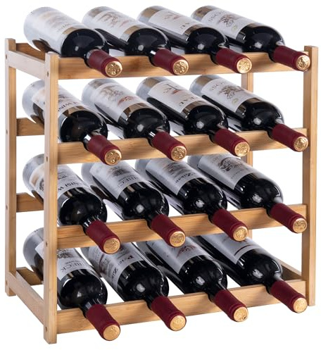 woodluv 4-Tier Wooden Wine Rack, Wine Holder, Compact Wine Storage Stand, Wooden Wine Organizer for Kitchen, Bar, or Countertop, Stylish Wine Holder with Easy Assembly