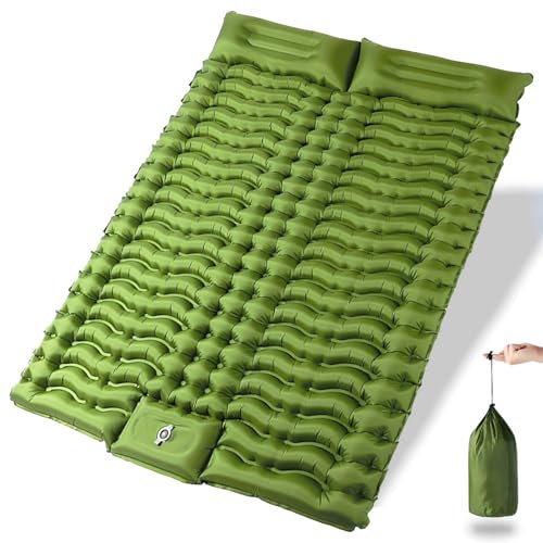 YuanDiann Camping Isomatte Selbstaufblasend für 2 Personen 200x140 cm Ultraleicht Verdicken Bequeme Luftmatratze Aufblasbare Doppel Matratze Zelt Schlafmatte mit Fußpumpe & Kissen Armeegrün