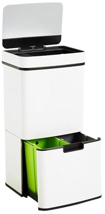 WELL HOME MOBILIARIO & DECORACIÓN Papelera de reciclaje 62L (37L+25L), cubo de basura con 2 compartimentos, apertura automática con sensor, en acero inoxidable, blanco