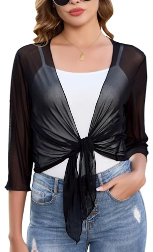 Sopesil Women's Shrug Bolero 3/4 Sleeve Cardigans Short for Women Lightweight Tie Tops Suave Ladies Cropped Versatile Casual Elegant, Black, XXL