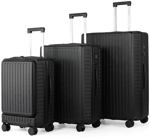 TANTOMI Kofferset 20/24/28 Zoll, Handgepäckkoffer mit Laptopfach 20, Koffer Mittelgroße 24, Koffer Große 28, Reisekoffer mit Rollen, TSA-Schloss (Schwarz, Gepäck-Sets)