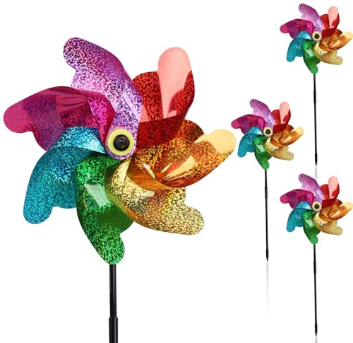 Lot de 4 moulins à vent réfléchissants pour effrayer les oiseaux | Moulin à vent double face arc-en-ciel holographique réfléchissant pour répulsif aux pigeons | Moulin à vent pour jardin et maison