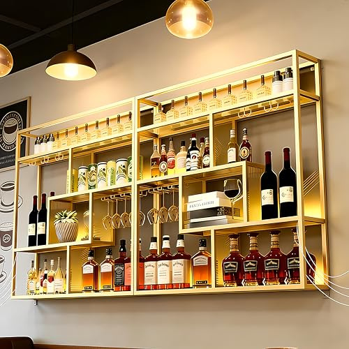 SPTZQURY Großes Metall Weinregal zur Wandmontage mit Wein Glashalter, 4 Lagiger Restaurant Bar Wandmontage Flaschenregal, Multi Funktionaler Weinpareite Display Rack (Gold, Left,120cm)