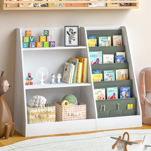 Kinderregal, Bücherregal für Kinder, Kinderzimmerregal, Bücherregal Aufbewahrungsregal mit 4 Ablage und 3 offenen Fächern für Kinder, Spielzeug-Organizer für Spielzimmer, 80 x 30 x 67.5 cm (Weiß)