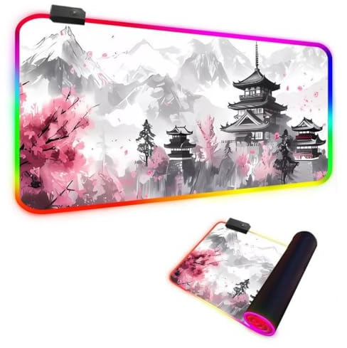 FANSU XXL Tapis de Souris Gaming RGB LED 14 Effets Éclairage Antidérapante Grand sous Main Bureau pour Clavier et Souris, USB- Mouse Pad pour PC Gamer, Mont Fuji (Gris Clair,800x400x4mm)