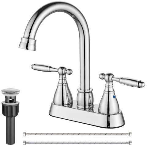 Grifo de baño de cromo pulido de 4 pulgadas con doble asa, grifo mezclador giratorio de cuello de cisne y drenaje desplegable para lavabo de tocador, elegante y diseño