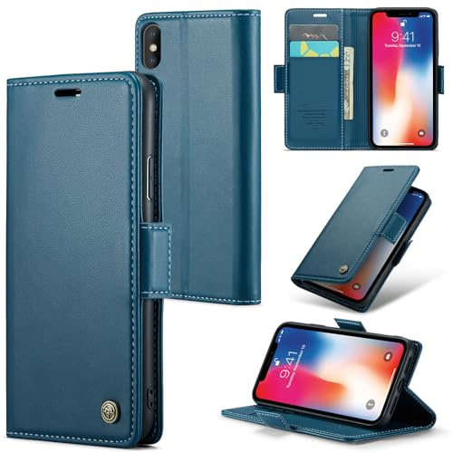 Rerzoiro Handyhülle für iPhone X Hülle, iPhone XS Hülle, Premium PU Lederhülle Klappbar Flip Case [RFID Blocker] Tasche Magnet Kartenfach Klapphülle Schutzhülle für iPhone X/iPhone XS, Blau