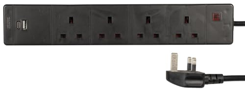 PRO ELEC 4-Gang 2m Extension Lead with USB-A & USB-C – Black | Dual USB Charging | 13A Rated | UK Type G Power Strip