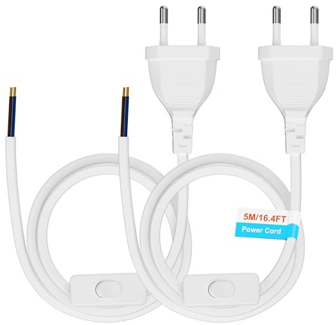Euro Netzkabel mit Schalter [2 Stück], 5 Meter Euro Stecker Stromkabel, 2 X Ersatzkabel Anschlusskabel mit Schalter Typ C, 2 x 0,75 mm², für Leuchten, Lampen, Leuchtmittel, Weiß