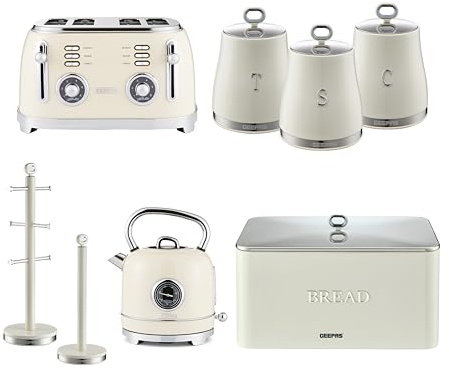 GEEPAS Retrovive 1.8L Electric Kettle, 4 Slice Bread Toaster, Set of 3 Tea Coffee Sugar Canister, Bread Bin, Mug Tree & Towel Pole Set of 8 PC Matching Kitchen Counter Storage Space Saver Set | Cream