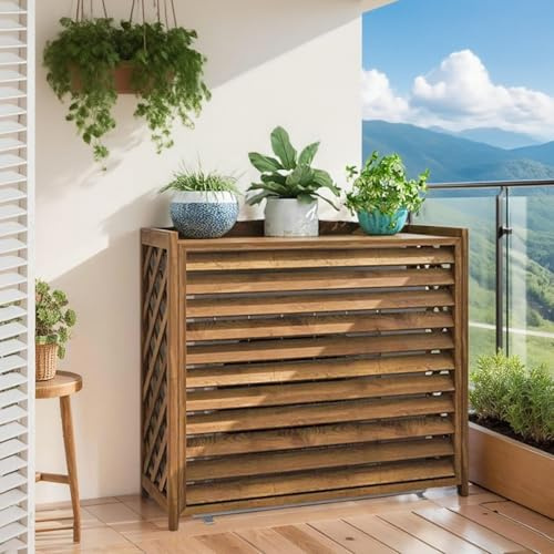 Klimaanlage Abdeckung Holz Wärmepumpe Verkleidung Balkon Sichtschutz Holz Blumenständer Draußen Klimaanlage Abdeckung Außengerät Gartenregal Wetterfest Blumenständer Massivholz(100x44x93cm)
