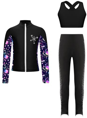 Sinleey Mädchen Sportoutfit BH Und Leggings Strass Jacke Eislaufen Gymnastik Tanz Fitness Gym Kleidung Trainingsanzug Sportanzug Schwarz 146-152