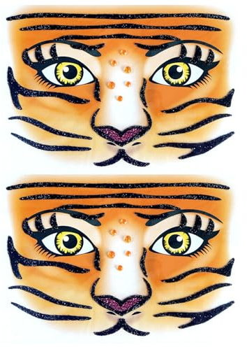 Gleevio Tiger Tattoo Gesicht,2 Stück Gesichtstattoo Karneval,Tiger Schminke Face Art Sticker,Glitzer Tattoo Gesicht Karneval,Temporäre Tattoos,Gesichtstattoo für Fasching, Face Sticker, Motto Party