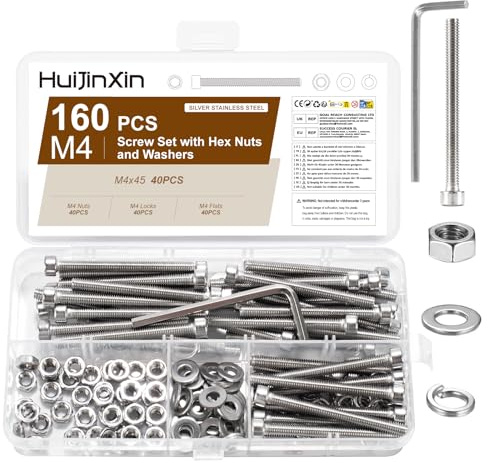 Juego de 160 tornillos M4 x 45 mm, hexágono interior, juego de tuercas de acero inoxidable, tornillos cilíndricos con tuercas, surtido de arandelas, tornillos hexagonales