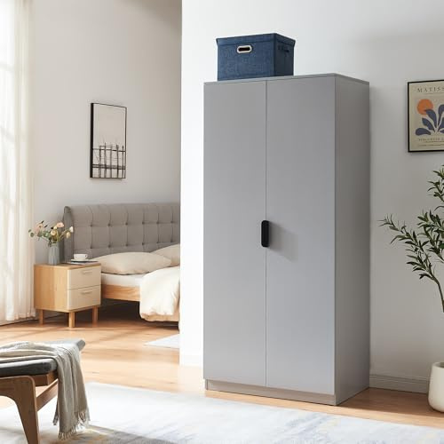 [en.casa] Kleiderschrank Eiselfing Schrank mit 2 Türen Garderobenschrank 176 x 80 x 52 cm Schlafzimmerschrank 1 Kleiderstange 4 Fächer Grau