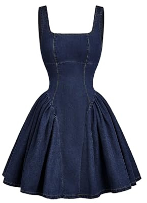 GORGLITTER Women's A Line Skater Mini Denim Dresses Square Neck Sleeveless Bow Tie Back Summer Vest Dress Dark Wash Medium