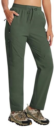 AIRIKE Pantalon Cargo Femme Pantalon Randonnée Séchage Rapide Trekking Pantalon Léger Taille Elastique Pants Imperméable Extérieur été avec Poche Zippée Vert EU 2XL