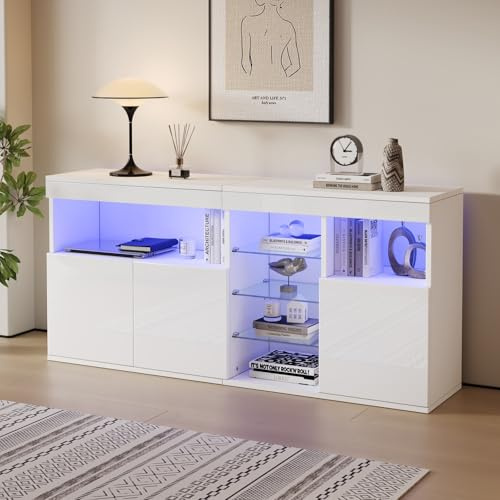 Armoire brillante avec éclairage LED, buffet blanc de style salle à manger avec trois portes, trois étagères en verre et de spacieux compartiments de rangement sans poignées (155.5*35*72cm)